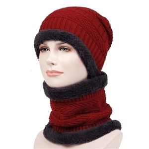 2 pcs Burgundy Knit Balaclava Lined Hat Dark Gray Outline